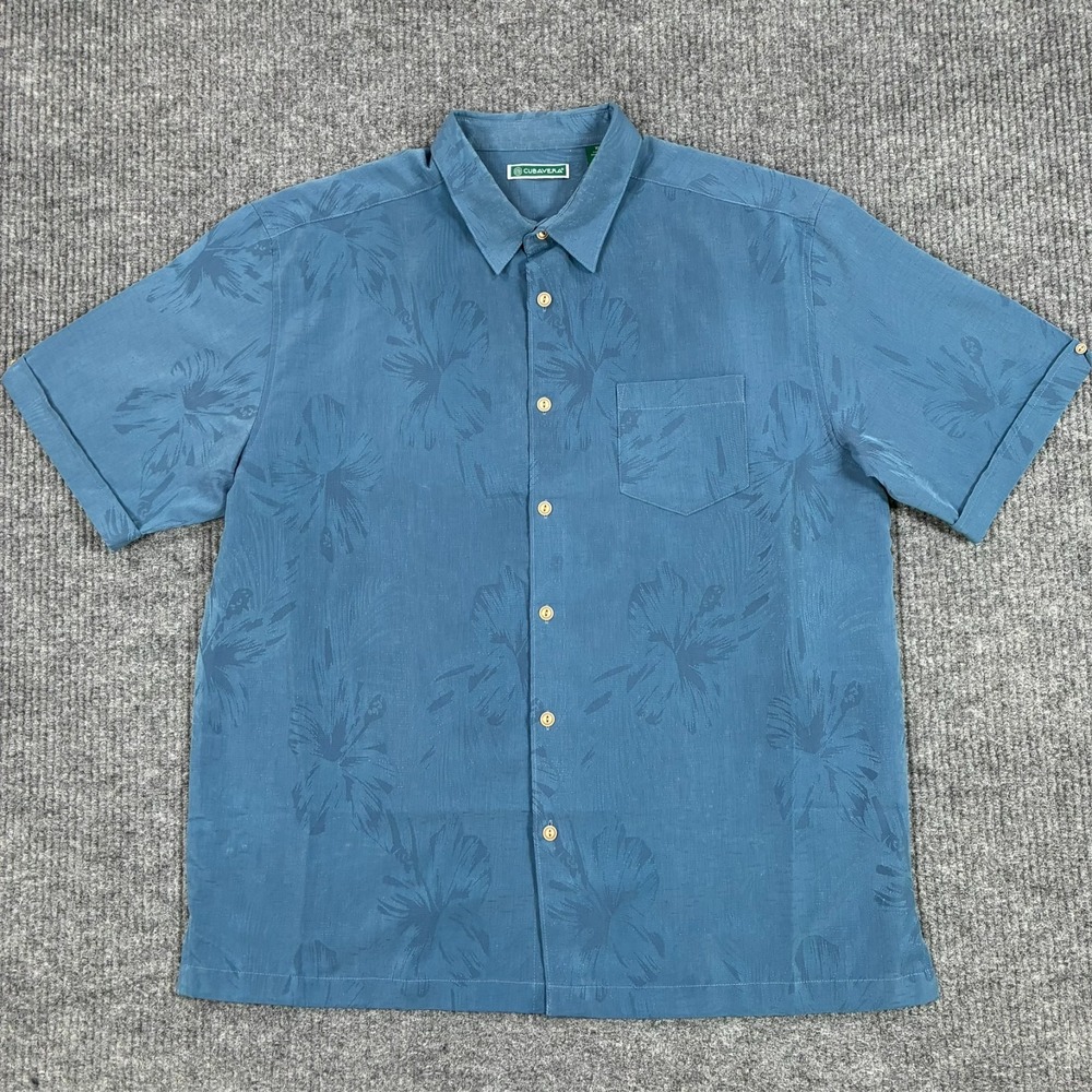 Cubavera Mens Camp Shirt Short Size XL Blue Floral Sleeve Button Front Pocket